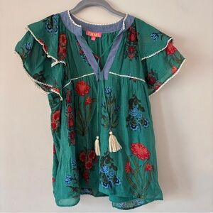 THML Green Floral Tassel Peasant Top with Red & Blue Accents